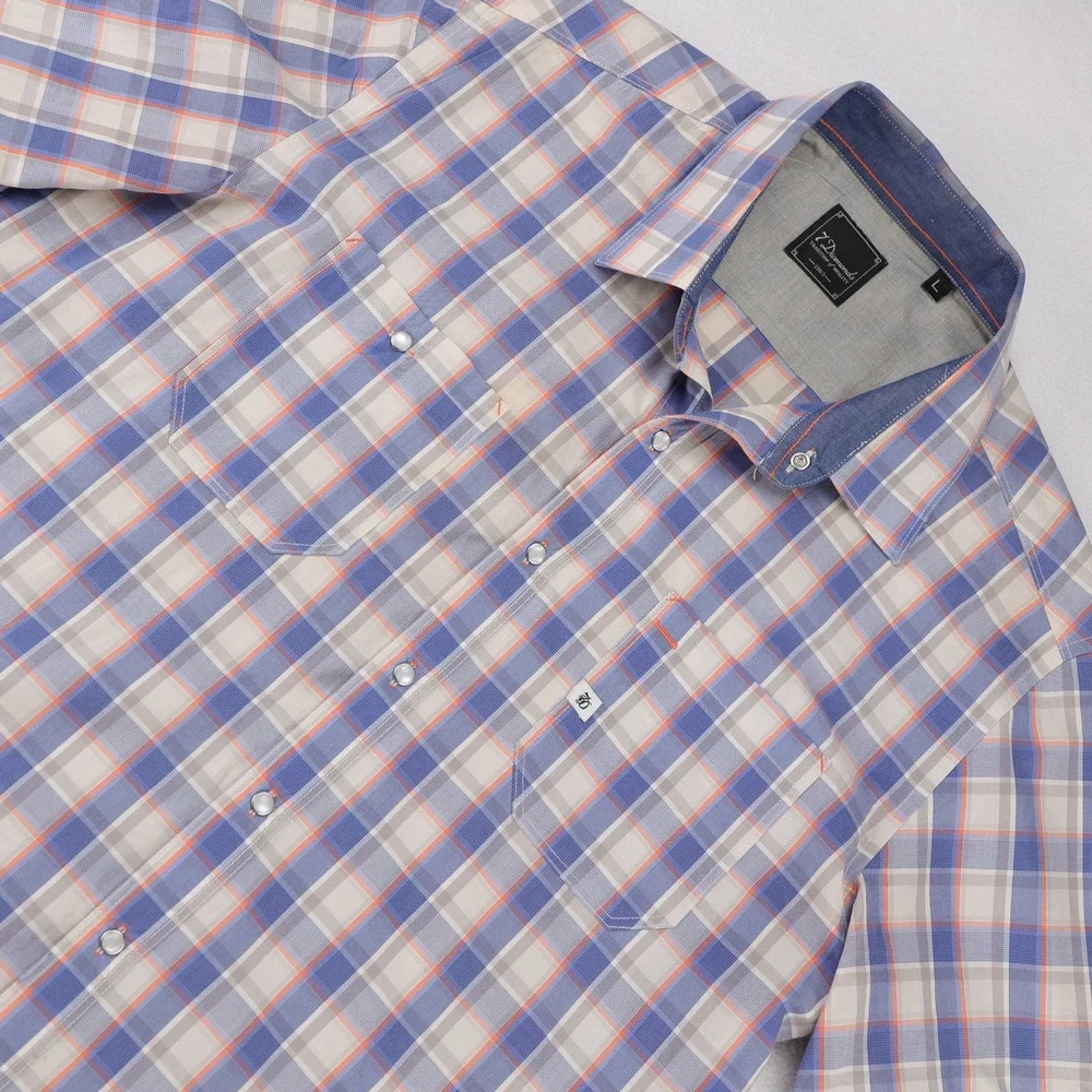 7 Diamonds Mens Large Blue Orange Plaid Pearl Snap Short‎ Sleeve Button Up Shirt